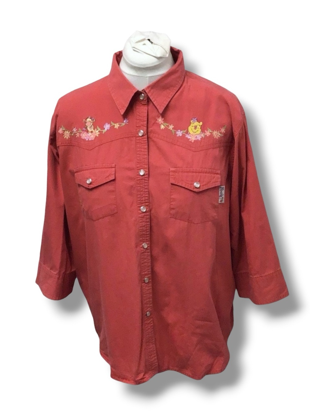 Disney Women’s Winnie The Pooh Pearl Snap Western Shirt VTG 90s Muted Red XL